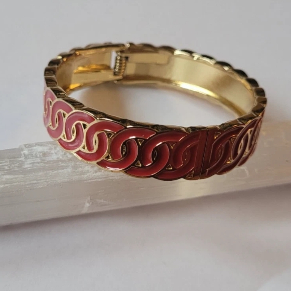 Red & Gold Tone Bangle Cuff Bracelet 2.5 Inch Round